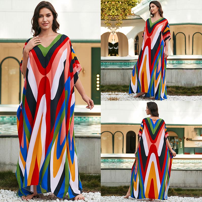 Свободный хлопковый халат большого размера с принтом - Пляжная накидка для женщин