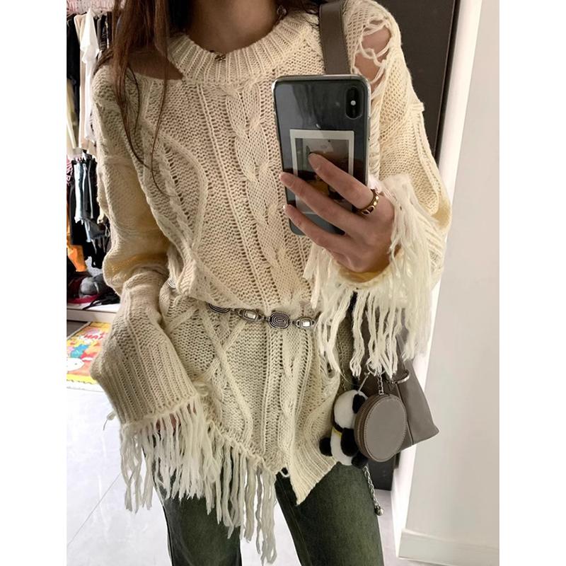 Осенний уличный рваный сексуальный вязаный свитер с открытыми плечами для женщин с длинным рукавом больших размеров, повседневные свитера-пуловеры для женщин, элегантные однотонные свободные трикотажные изделия 24782