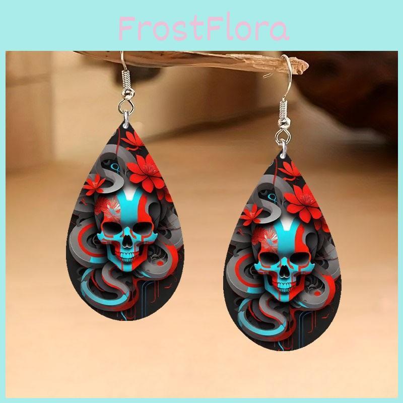Halloween Themed Flower Skull Patterns Water Droplet Shaped Women Earrings For Dark Style Festive Occasion