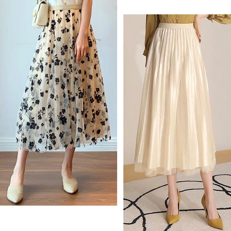 Сетчатая юбка с высокой талией, длинная фатиновая юбка, женская весна-лето, эластичная женская плиссированная юбка трапециевидной формы, женская юбка-миди