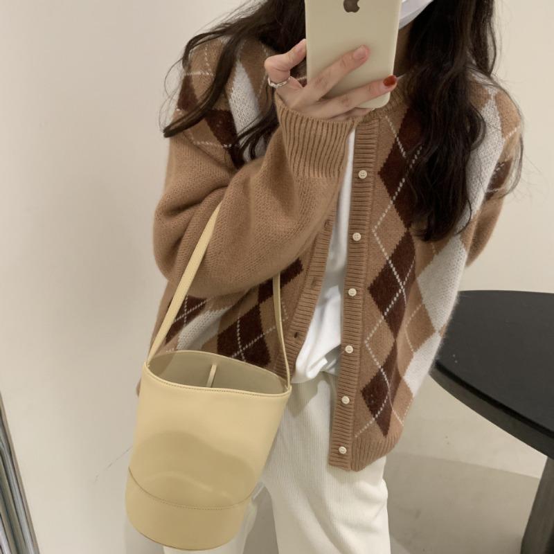 Retro Diamond Knitted Cardigan Women's Autumn and Winter New Lazy Wind Loose Casual Sweater Jacket Top