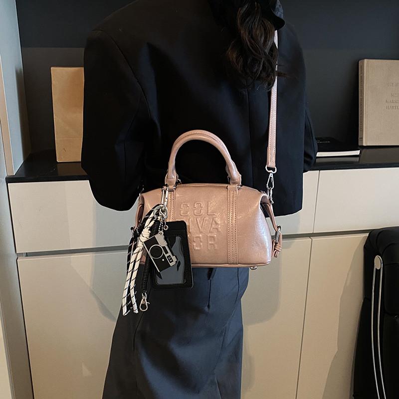 Letter Compact Pu Boston Bag With Seam Details For Casual Outings