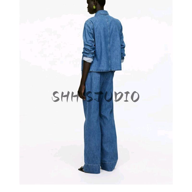 Fall Loose Lace-up Denim Jacket Coat 1268488 Mid Waist Straight-Leg Wide-Leg Pants 1268300