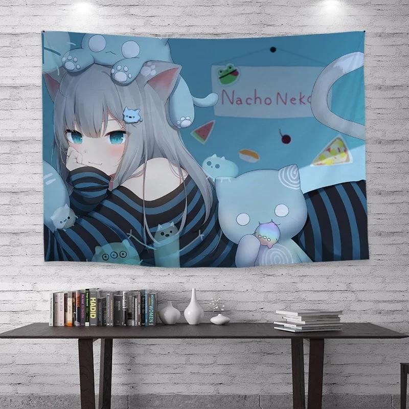 1PC Cartoon Anime Cat Ears Girl Tapestry Wall Hanging Bohemian Fashion Wall Cloth for Student Dorm Home Decoration