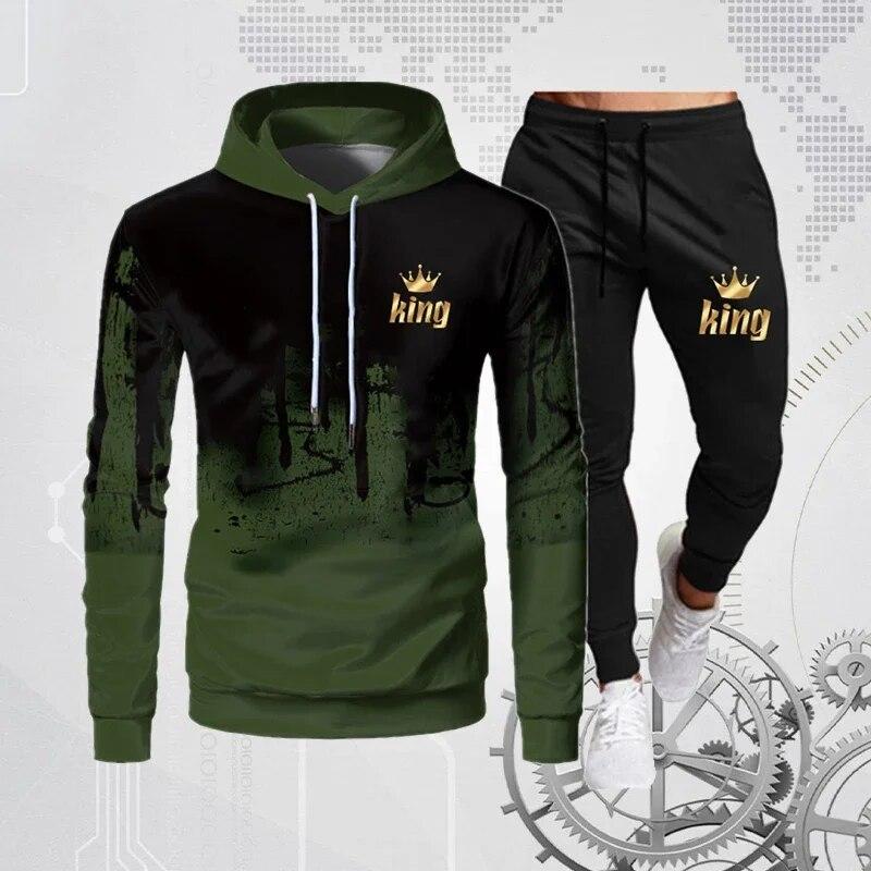 Мужской спортивный костюм, наборы чернил с брызгами, спортивные толстовки с длинными рукавами, спортивные штаны, костюмы с капюшоном и брюками с буквенным принтом King, комплект из 2 предметов, мужской