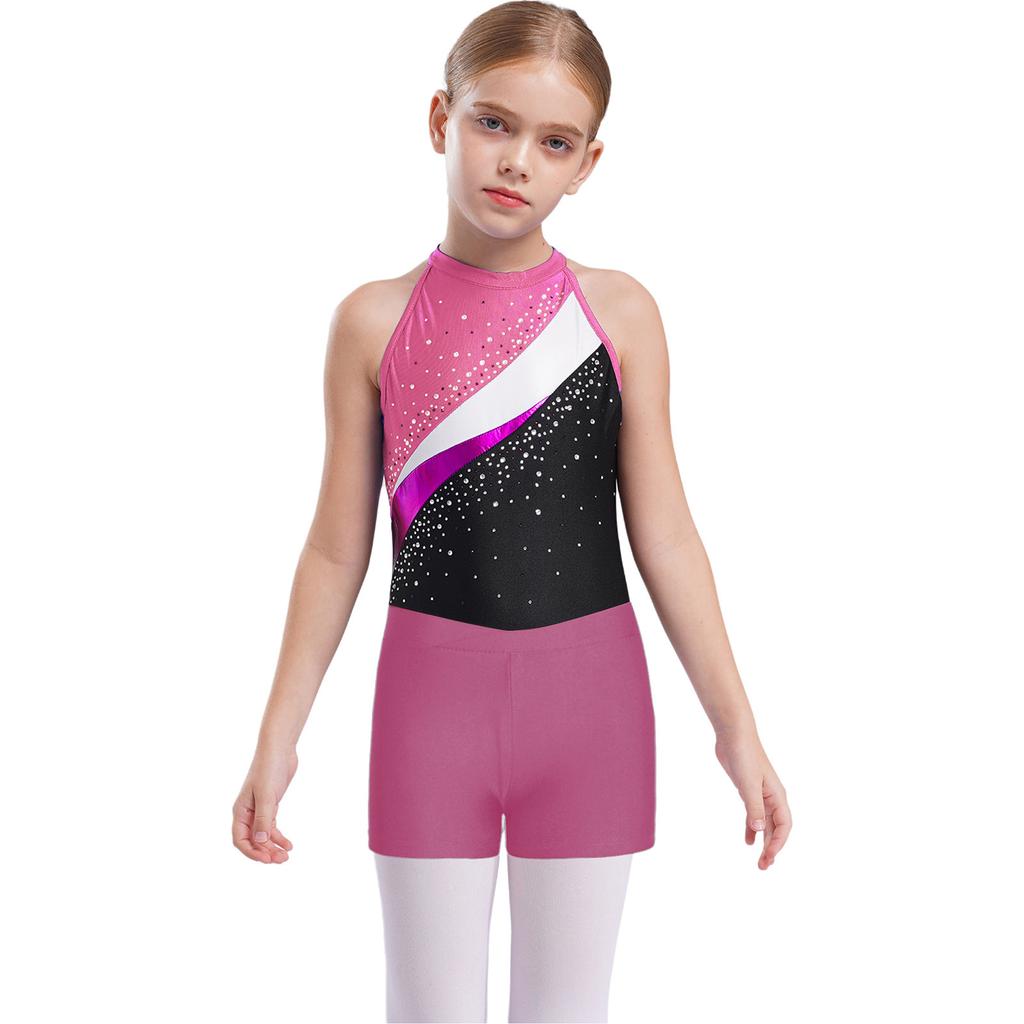 Girls Sleeveless Rhinestones Patchwork Leotard Hair Band V Front Waistband Shorts Dance Gymnastics Set