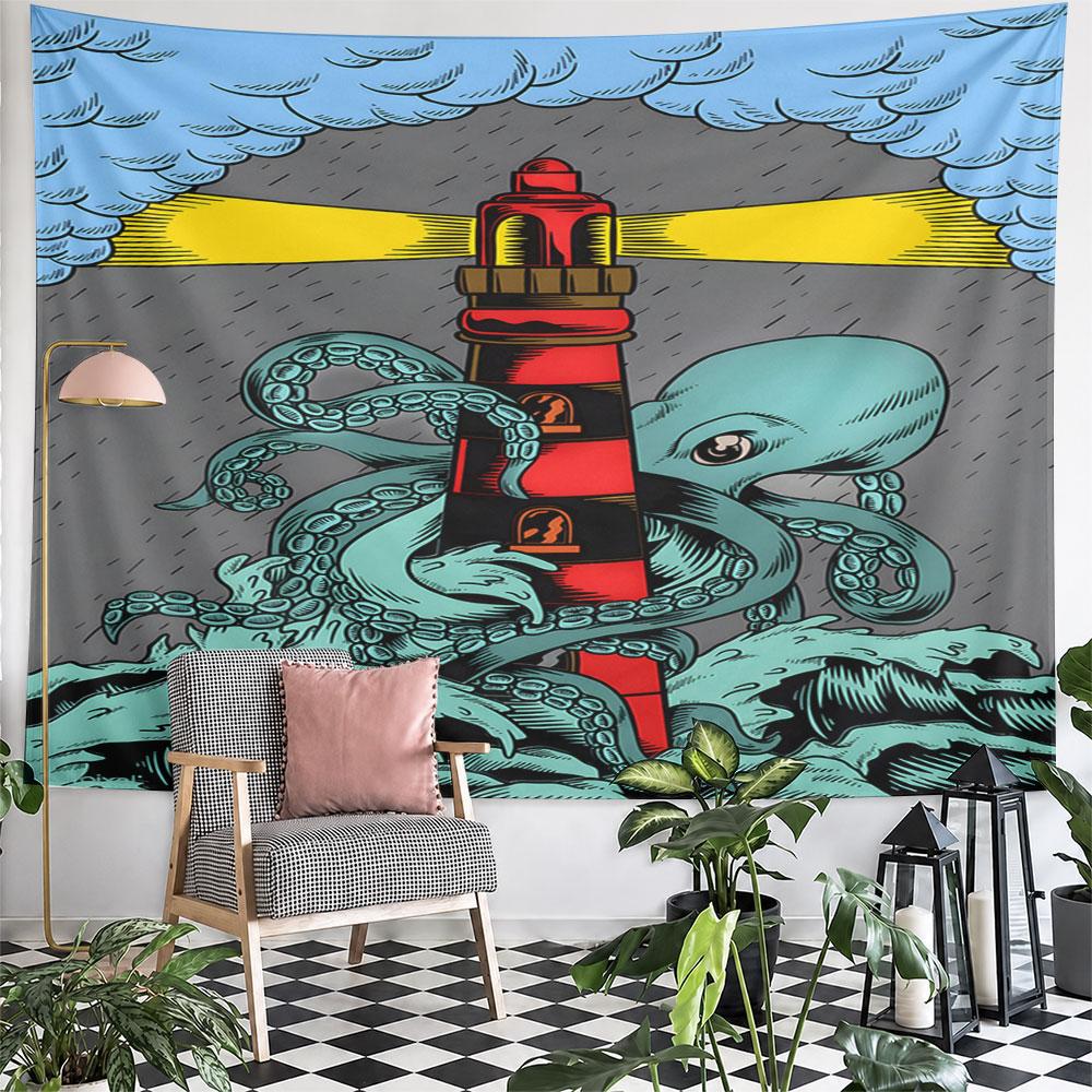 "Octopus Enfolding Lighthouse Art" Pattern Wall Hanging Tapestry Decorative Tapestry Home Decor for Bedroom and Living Room