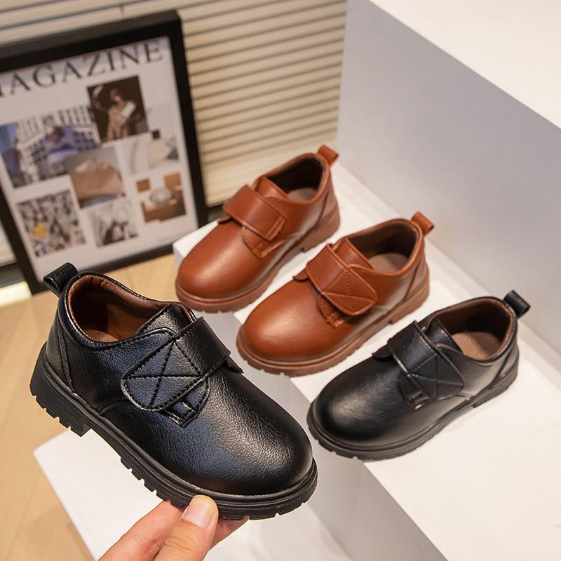 2024 New Versatile Soft Black Uniform School Shoes for Boys Hook & Loop Kids Fashion Spring Children Leather Shoes Drop Shipping
