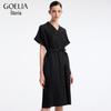 GOELIA Women's Black Mulberry Silk Tie-Waist Midi Dress