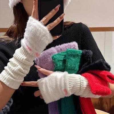 Женские зимние теплые перчатки с полупальцами, симпатичные открытые пальцы, рукава для рук, вязаные ворсовые рукава, мода