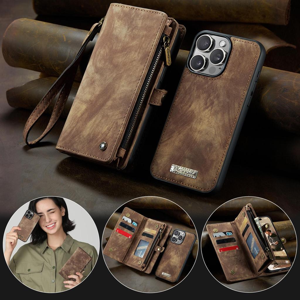 CaseMe-008 Для iPhone 16 Pro Max Съемный 2-в-1 Кошелек-чехол с молнией и ремешком на запястье Многофункциональный Чехол для телефона с отделениями для карт