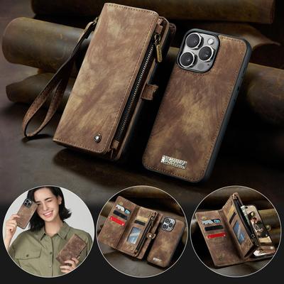 CaseMe-008 Для iPhone 16 Pro Max Съемный 2-в-1 Кошелек-чехол с молнией и ремешком на запястье Многофункциональный Чехол для телефона с отделениями для карт