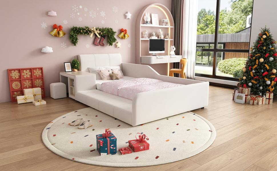 Upholstered Bed, Single Bed with Children's Desk and Stool, With Shelf, Soft Headboard, Children's Bed with Wooden Slats, Velvet, White, 90x200cm