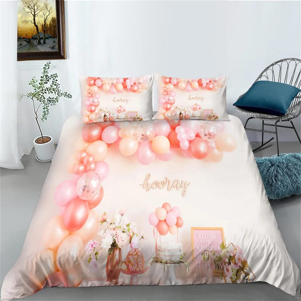 Watercolor Duvet Cover Hand Painted Style Floating Air Balloons Clouds Print Decorative Bedding Collection Blue Pink Coral Children