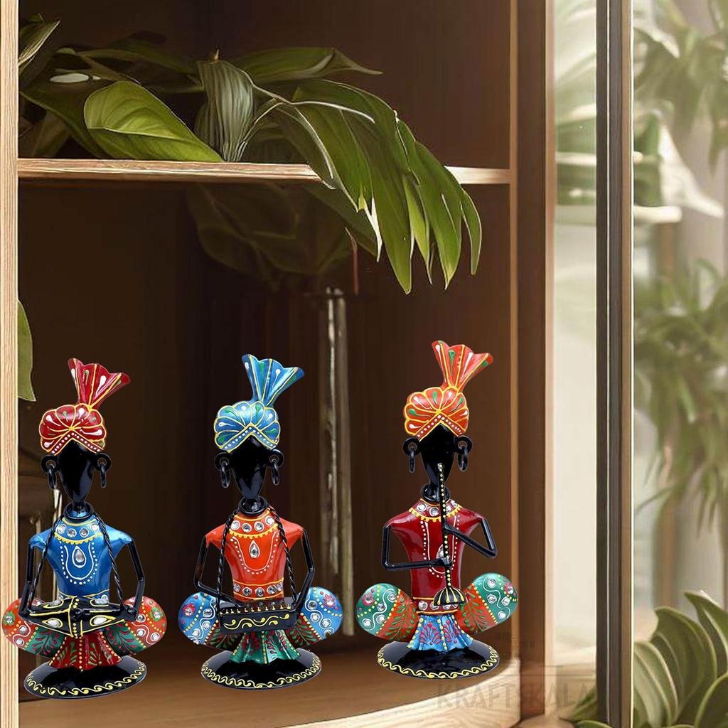 Набор для демонстрации музыкантов Раджастана из 3 музыкантов племени, железная статуя, украшение стола, предмет для гостиной, дома, офиса, подарков