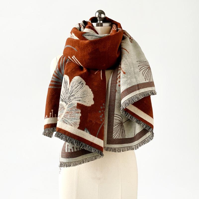 Imitation Cashmere Double-sided Soft Fringed Shawl Scarf High-end Sense Ginkgo Biloba Intellectual Literary and Artistic Winter Warm Scarf Women