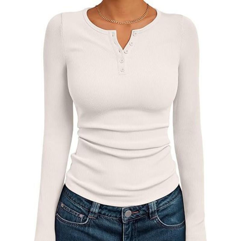 Womens Slim Fit Long Sleeve Henley Top 2026 Fall Basic Knit T-Shirt Casual Daily Wear