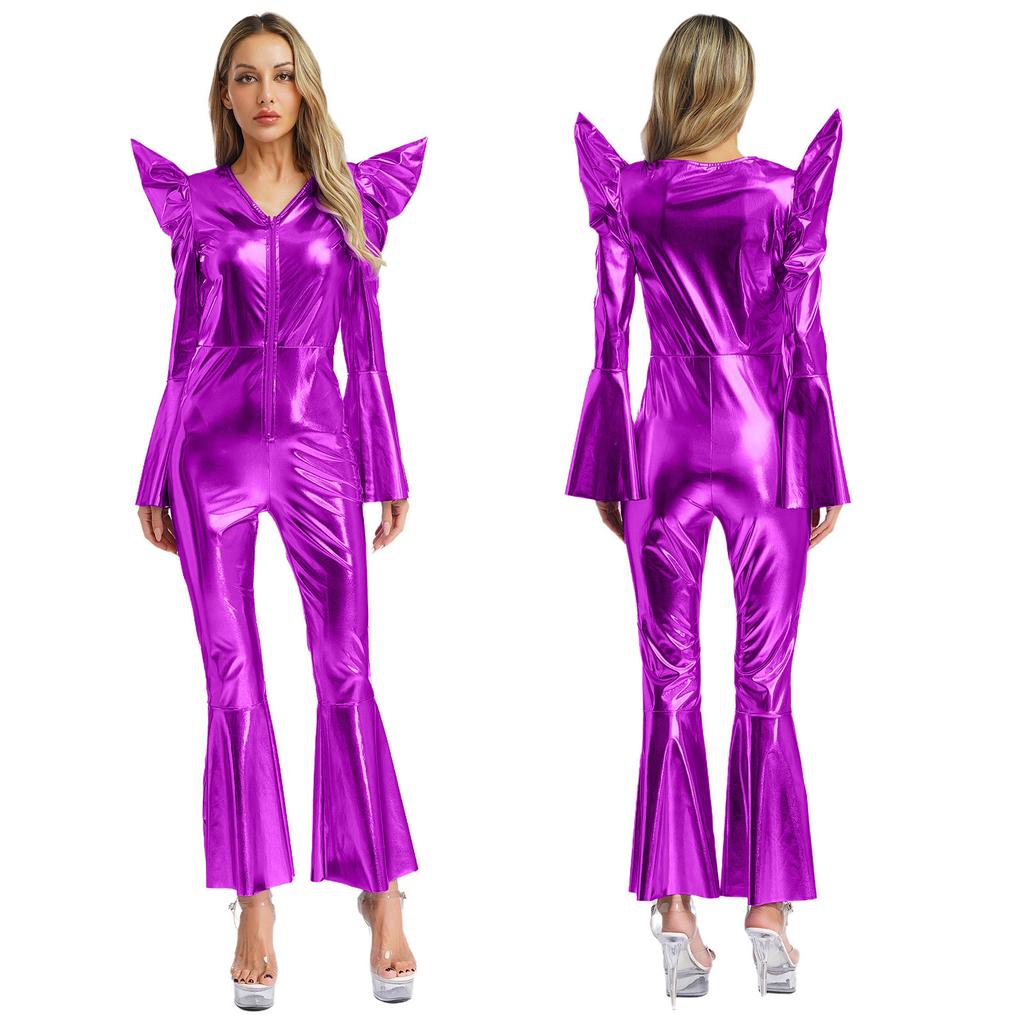 Metallic Shiny Bell Bottom Jumpsuit for Women S-3XL: Disco Style Romper with High Waist & Long Sleeves, Halloween Costume