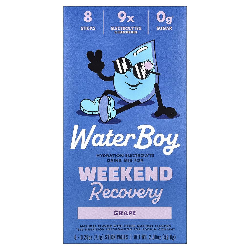 Waterboy, Weekend Recovery, Гидратирующий электролитный напиток, вкус винограда, 8 стиков по 7,1 г (0,25 унции) Каждый