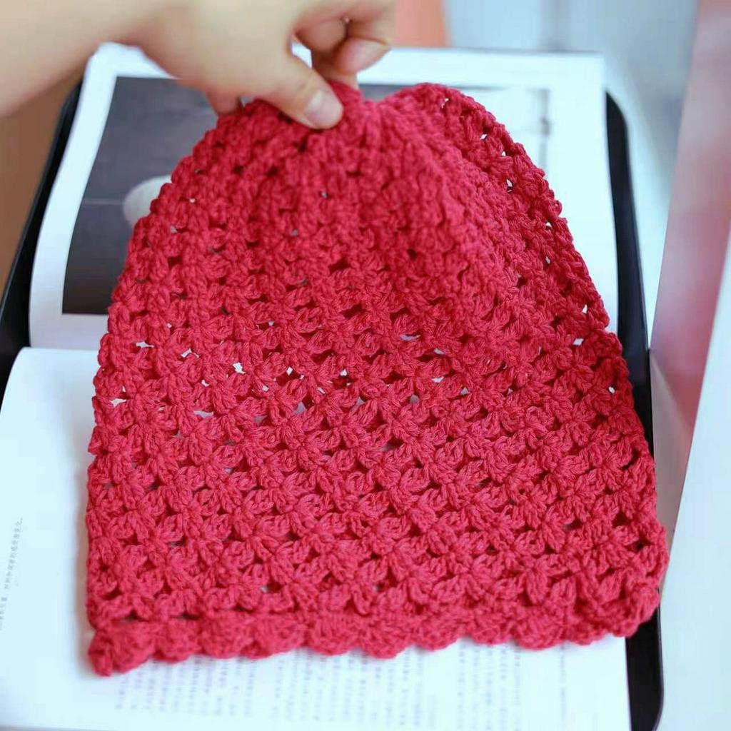 Solid color twill hollow crochet retro stacking hat spring and autumn simple literary and handmade pullover hat women