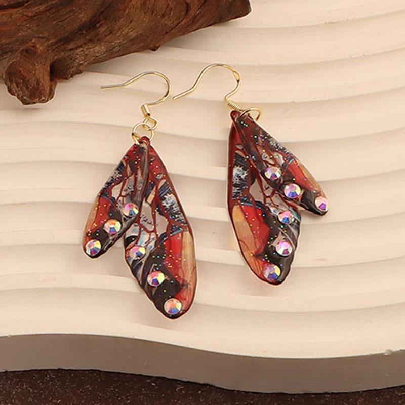 Colorful Resin Rhinestone Double Butterfly Wing Dangle Earrings for Women Wedding Holiday Jewelry