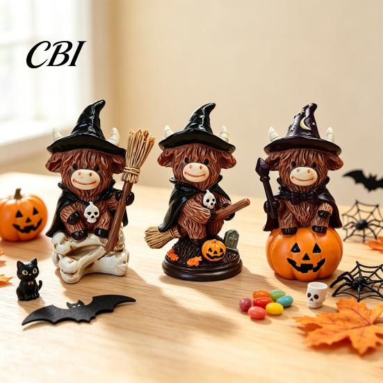Unique Holiday Presents 2Pcs Halloween Highland Cow Witch Ornament, Resin Figurine with Hat Pumpkin Broom Fall Seasonal Displays & Skull, Cute