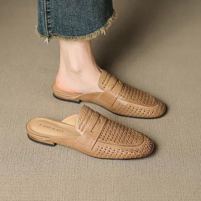 Мода НОВЫЕ Летние Женские Мюли Обувь из Натуральной Кожи для Женщин Круглый Носок Массивный Каблук Обувь Закрытый Носок Босоножки Слингбэк Полые Шлепанцы