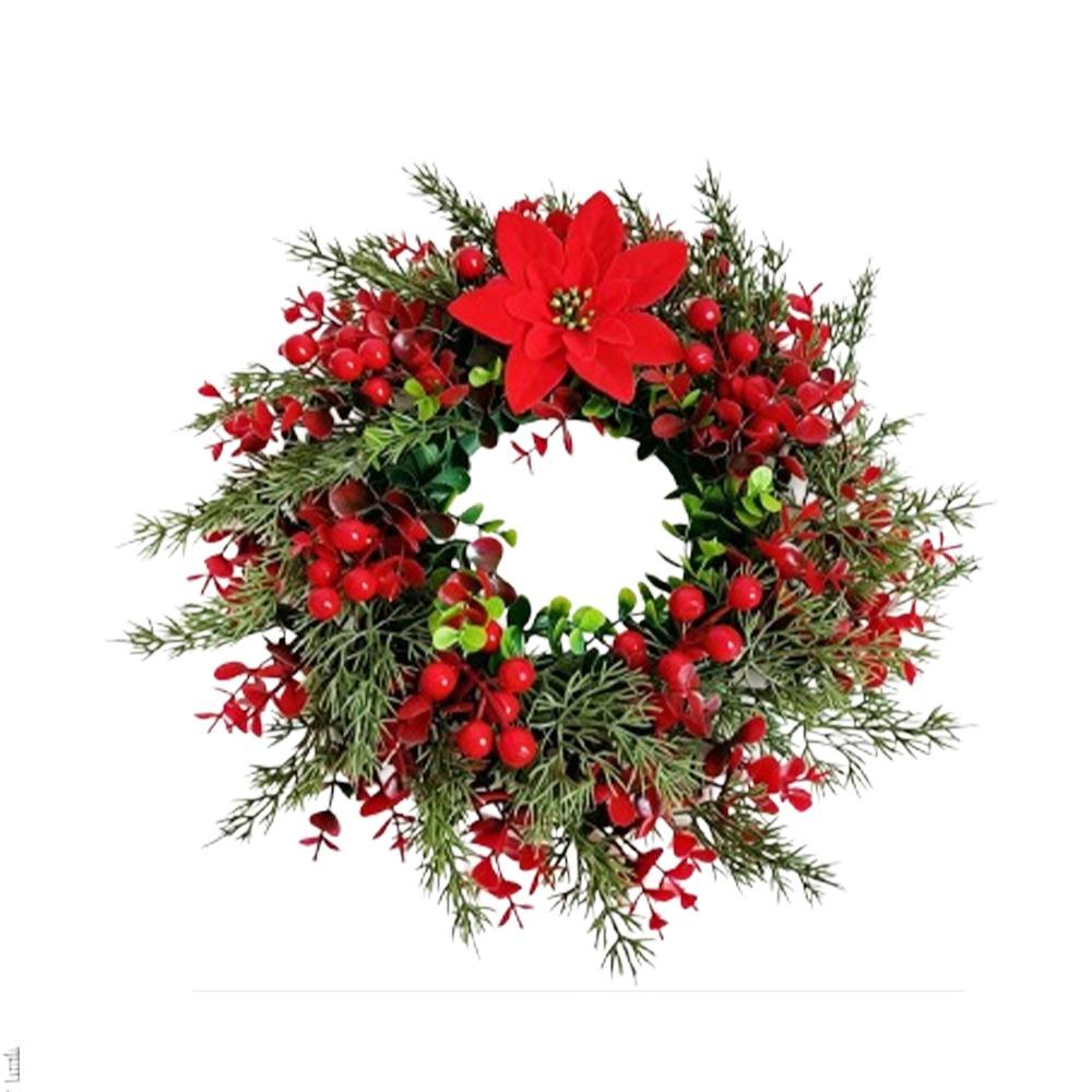 Red Berries Pine Poinsettia Christmas Wreath Realistic Christmas Door Wreath Fireplace Decor