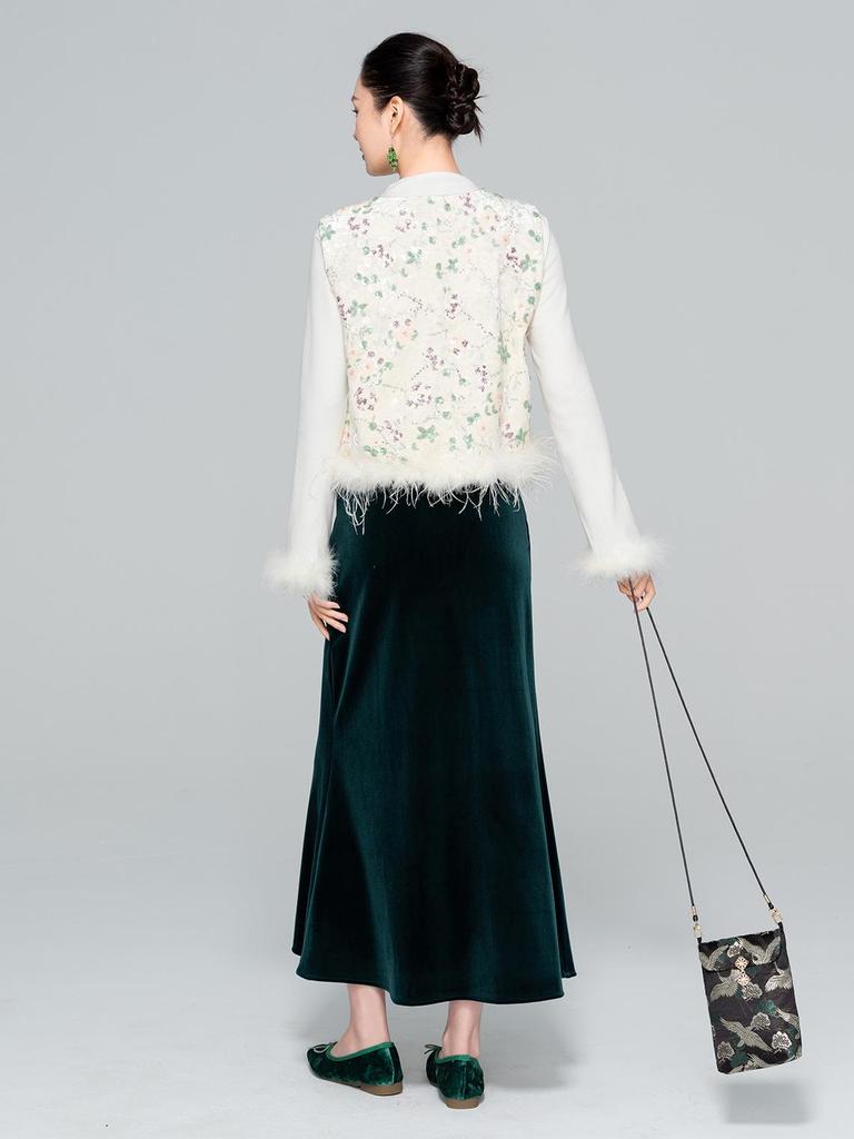 2025 Осень Женская Юбка Миди из Бархата с Завышенной Талией и Хвостом Русалки - Приталенный Дизайн в Национальном Стиле А-силуэта