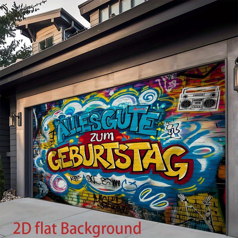 2D plane, 1 birthday party backdrop - "Happy Birthday" colorful swirls, balloons and gifts