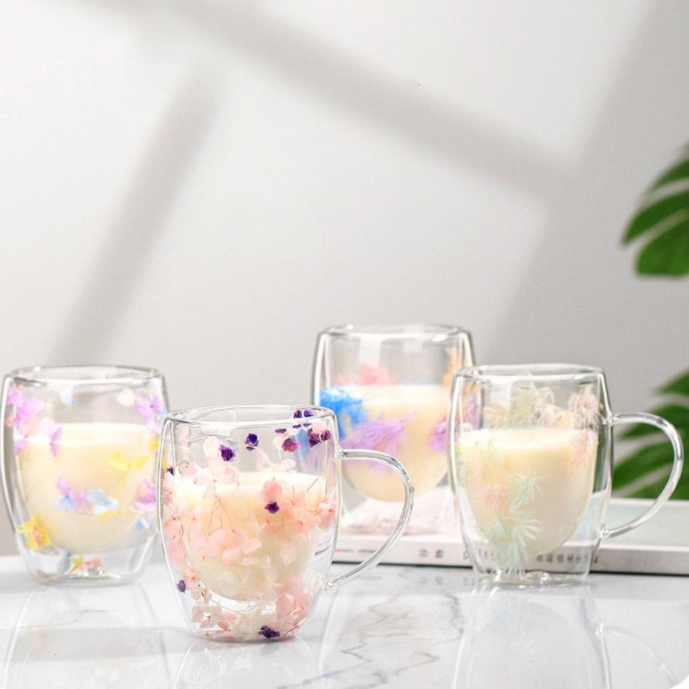 350 мл Двойная стеклянная чашка, антиожоговая цветочная чашка, элегантные стеклянные кружки с сухоцветами для дома и офиса