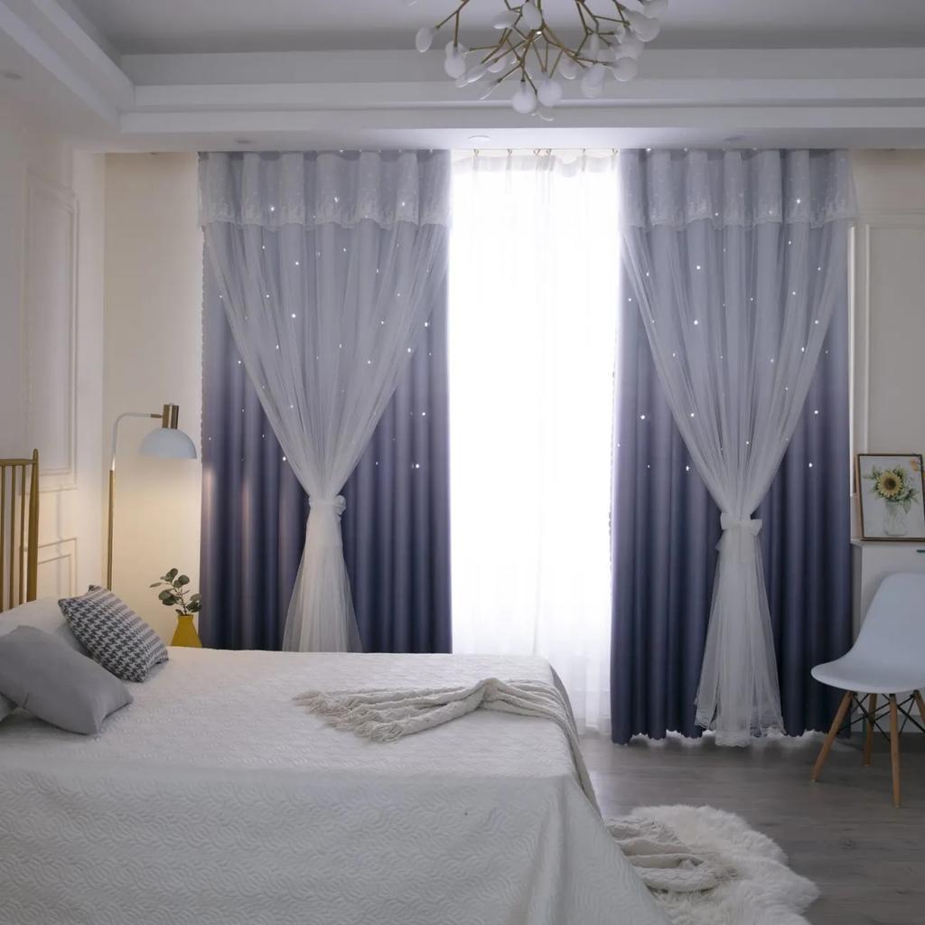 2 шт., простая градиентная цветная занавеска со звездами, занавеска принцессы Ins с высоким затемнением, для спальни, гостиной, двойная тканевая марлевая занавеска