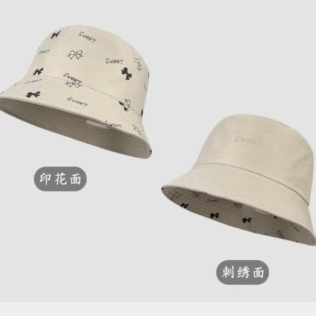 Letter embroidered bucket hat female spring summer couple double-sided can wear bow visor versatile basin hat male
