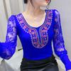 Весна Осень Европейская Одежда Женская Футболка Сексуальное Кружево Длинный Рукав Сетка Топы Шик Винтаж Роскошь Горячие Бриллианты Футболки Рубашки