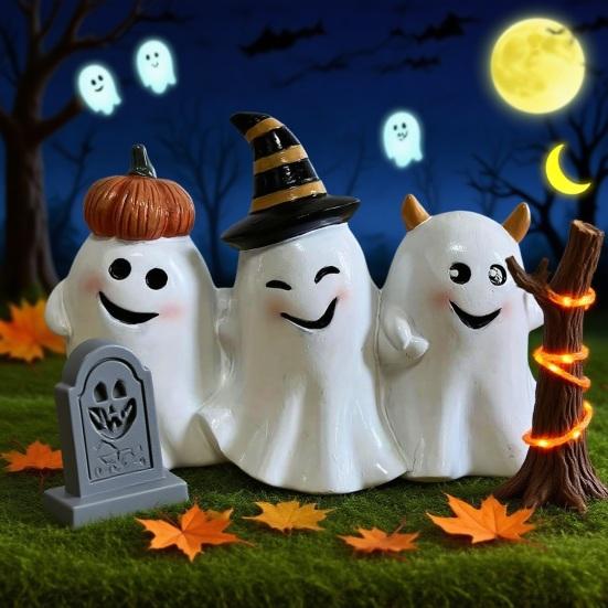 Хэллоуин Фигурка Привидения Милая Статуэтка 3 Привидения Держатся за Руки Смола Настольное Украшение для Дома Книжная Полка Подоконник Декор