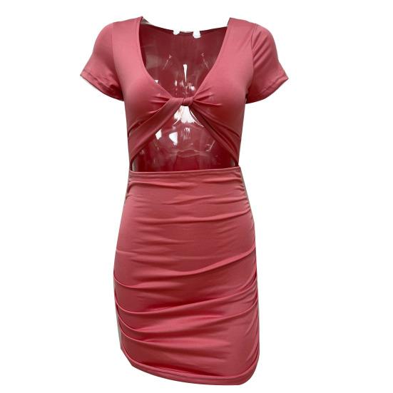 Женское платье-футляр с глубоким V-образным вырезом, плиссированными узкими короткими рукавами, сплошной цвет, узкая высокая талия, мягкое эластичное женское вечернее мини-платье для ночного клуба