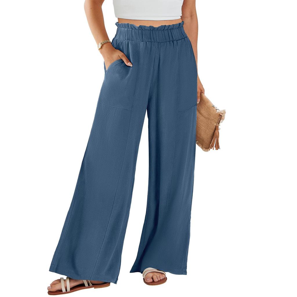 Женские хлопковые льняные брюки, летние широкие повседневные свободные брюки-палаццо с высокой талией и шнурком, брюки с карманами