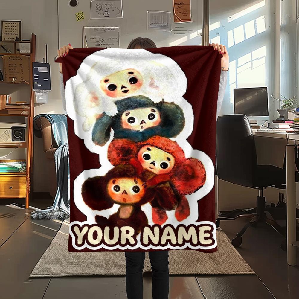1PC Custom Name Cheburashkas Patterned Flannel Blanket Suitable For All Seasons for Home Decor Warmth and Comfort Gifts Holiday Present