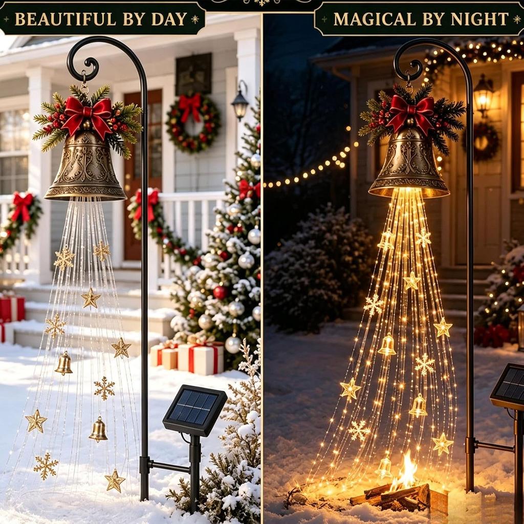 2PCS 3D Christmas Bell Cascade Solar, Christmas Garden Stake Light Flowing Cascading Snowflake LED Christmas Garden Light Christmas Outdoor