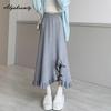Korean Fashion Autumn Winter Women Knitted Skirt Elastic Waist Black Beige Gray Warm Midi Skirt Feminine Ruffles Solid Skirt