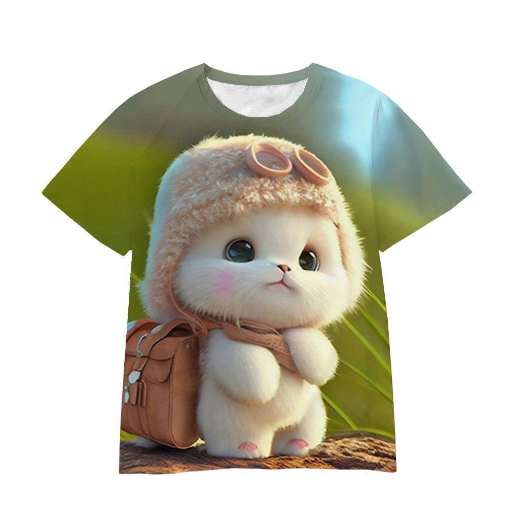 Summer Round Neck 3D Cartoon Furry Animal Print Top Fashionable Casual Short Sleeved Children's Boy and Girl Universal T-shirts