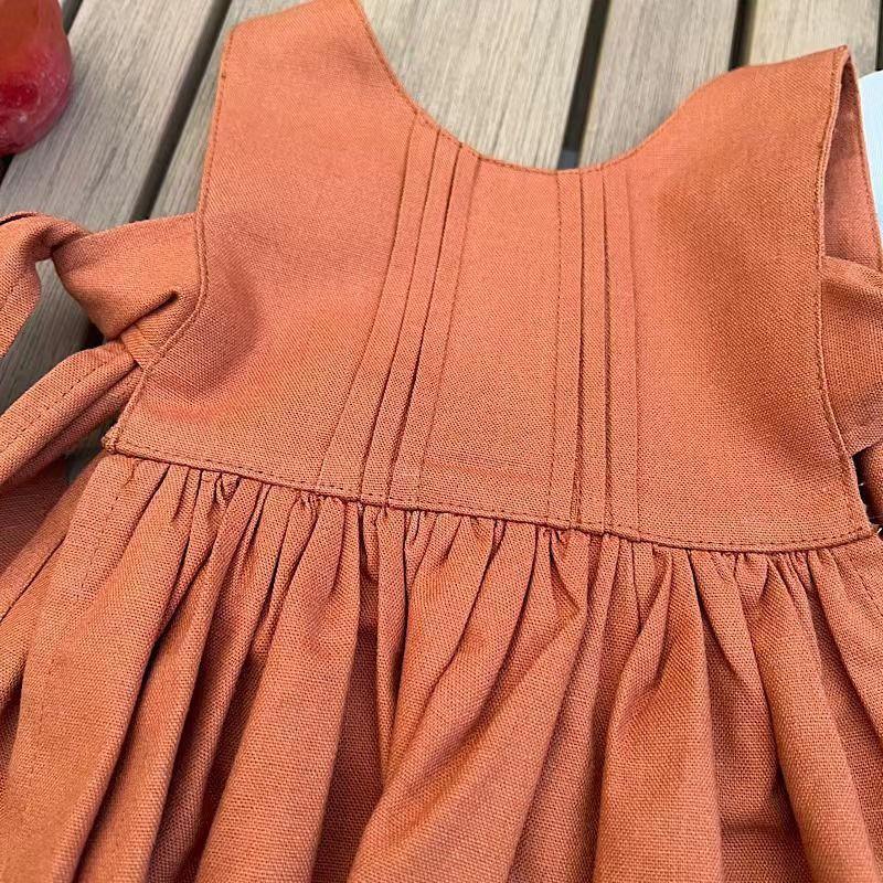 Платье принцессы для девочек, весна-осень 2023, новые корейские детские платья оранжевого и бежевого цвета в стиле ретро, ​​хлопково-льняные платья с вышивкой, комплект из двух предметов