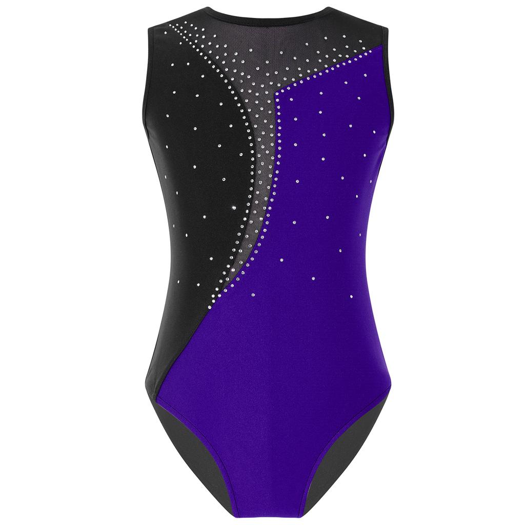 Украшенный стразами танцевальный купальник для девочек без рукавов с круглым вырезом, контрастный цветной дизайн для гимнастических выступлений