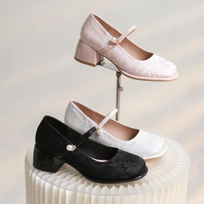 Женские туфли на высоком каблуке, туфли-лодочки в китайском стиле с вышитыми цветами, элегантные туфли Мэри Джейн с неглубокой подошвой из резины, запатос