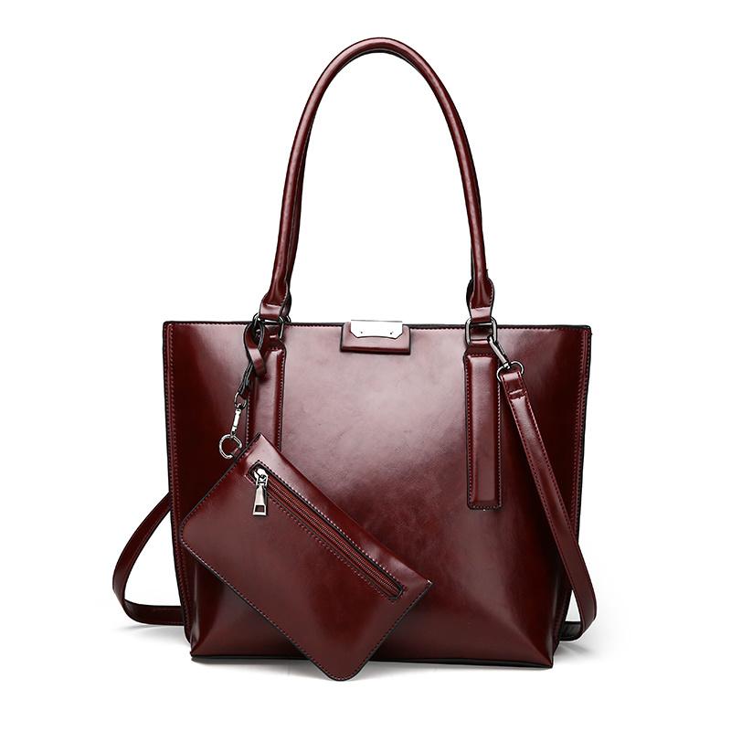 Женский комплект из 2 предметов, повседневная сумка-тоут, высококачественная масляная восковая мягкая кожа, элегантная офисная сумка и кошельки, черная роскошная сумка в стиле ретро, ​​новинка 2022 года