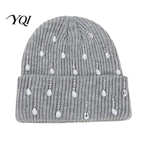 Elastic Skull Cap for Daily Wear Waterdrop Rhinestone Knit Hat, Bling Stretchy Winter Cuffed Knitted Sparkling Hats Women Men Cold Weather Hat