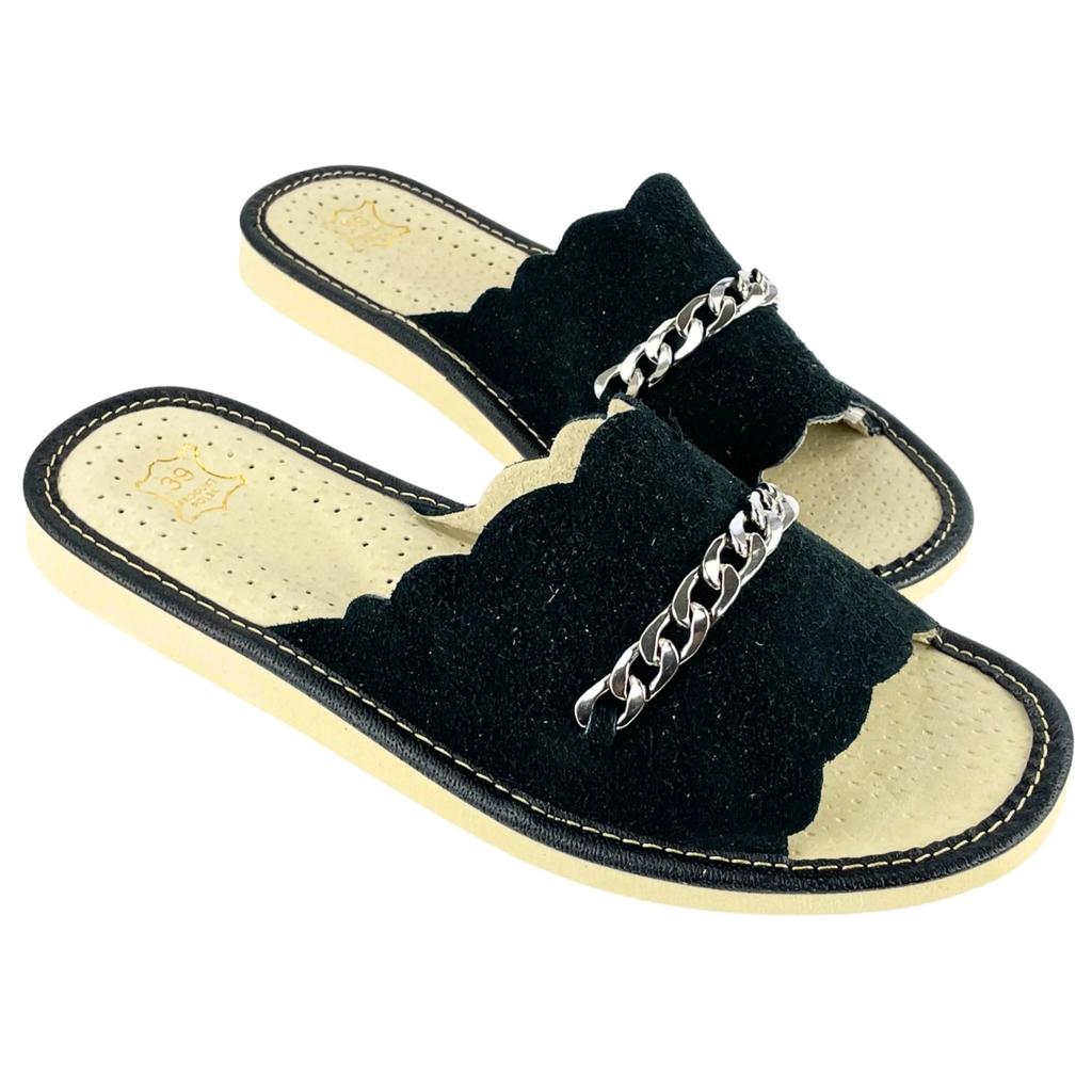 Black women's suede leather slippers, velvet house slippers 41