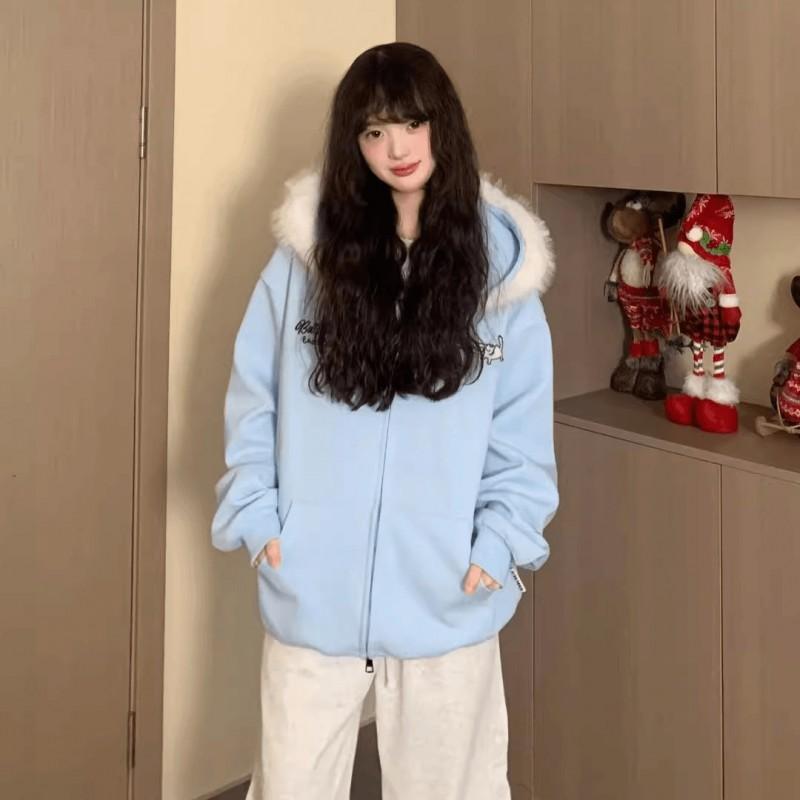 Unisex Hooded Jacket With Detachable Cat Ear Faux Fur Trim Loose Fit Streetwear