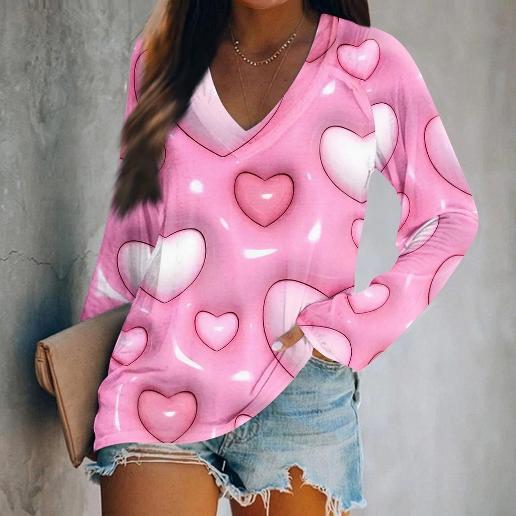 Women's Long Sleeved T-shirt V-neck Valentine's Day Print Casual And Comfortable Top