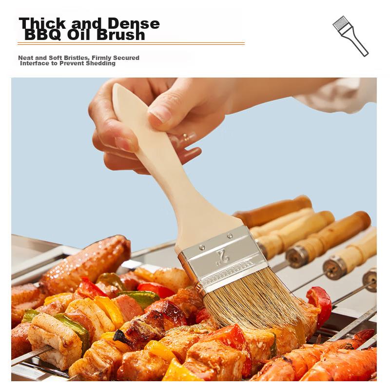 Suncojia Stainless Steel Barbecue Skewers with Wooden Handles, Heat-Resistant Grilling Needles, Skewer Sticks, Barbecue Oil Brush, Skewering Tool Set